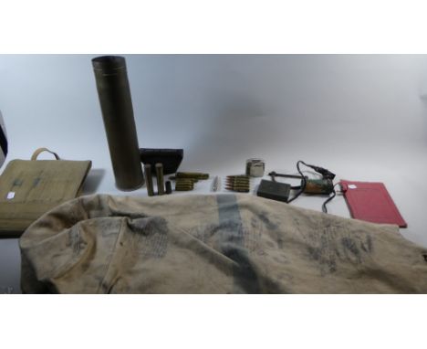 A Collection of Militaria to Include Brass Shell Case, First Day Dressing Pack, Canvas Bag, Cam Cream etc