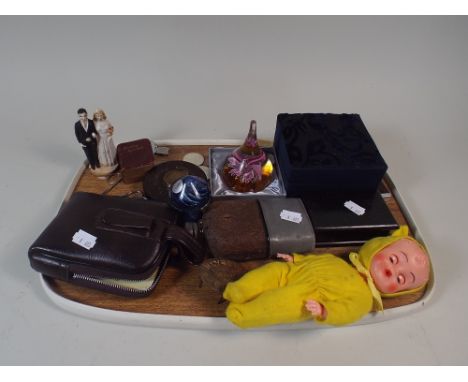 A Tray of Curios to Include Coins, Tape Measure, Glass Paper Weight, Hip Flask, Doll etc