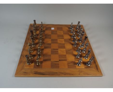 A Modern Inlaid Chess Board, 49cm Square Complete with Full Set of Brass and White Metal Playing Pieces, Kings 10cm High 