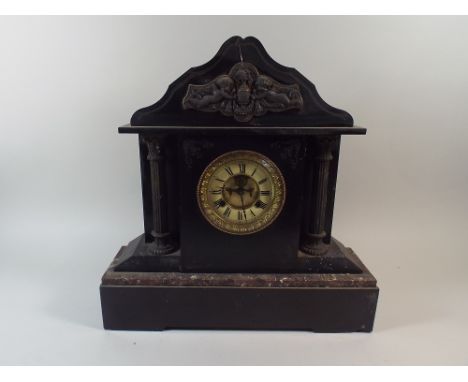 A Large French Slate and Marble Architectural Mantle Clock with Eight Day Movement, In Need of Attention, 51cm High  