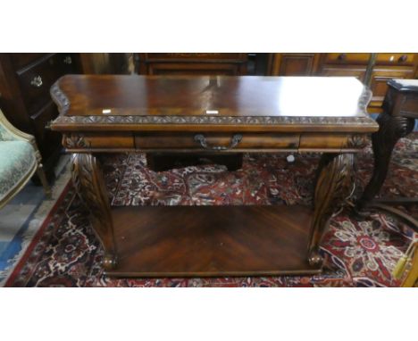 A Modern Walnut and Mahogany Console Hall Table with Shaped Top Having Carved Border On Carved Cabriole Legs with Scrolled Fe