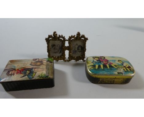 A Small Tin Decorated with Children Playing at Seaside, Rectangular Box Decorated with Girl and Dog and a Double Miniature Co