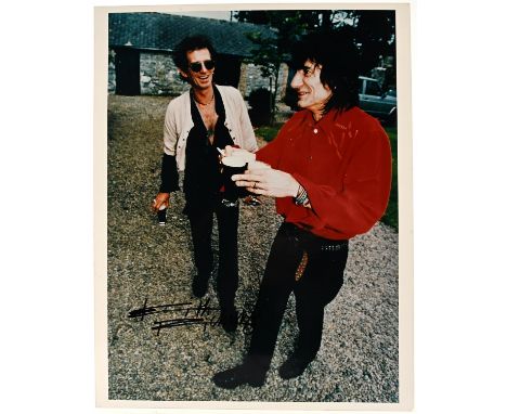 The Rolling Stones - a candid 12 x 10 colour photo of Keith Richards and Ronnie Wood at Ronnie's home in Ireland, signed by K