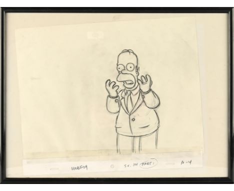 The Simpsons  - scene sketch of Homer Simpson HABF09 SC. 101 Part1 A-4. Glazed and framed, 16 x 12.5" overall. Condition Repo