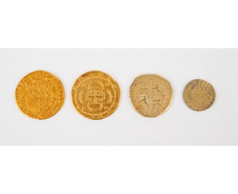 AMENDED ESTIMATE: Pirates Of The Caribbean: Curse Of The Black Pearl (2003). Four Spanish Prop Coins, gold and silver-coloure