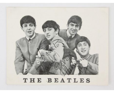 The Beatles  George Harrison Autographed Official Beatles Fan Club photo. card, with Signed dedication on front, Love to Jane