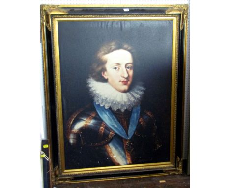 A large coloured print, bust length portrait of a gentleman in 17th century style costume, in black and gilt moulded frame, m