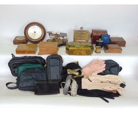 A collection of miscellaneous items to include wooden boxes, postage scales, French jewellery casket barometer together with 