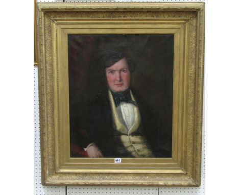 A 19th century oil painting on canvas, half length portrait of a gentleman in yellow waistcoat and green cravat, 50 x 50 cm i