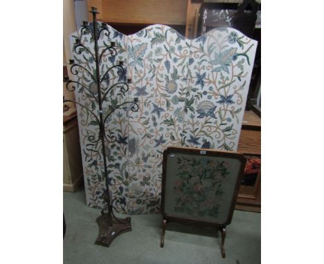 A three fold three quarter height room divider with hand worked cruel work detail in the Jacobean style, a further tapestry f