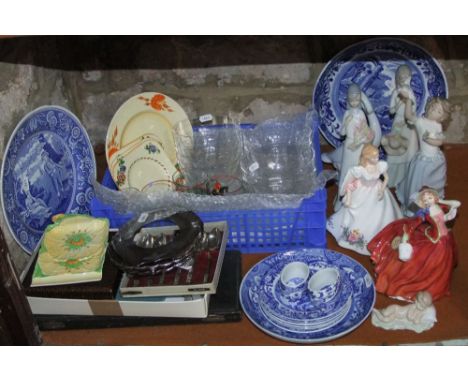 Two Royal Doulton figures,  Autumn Breezes HN1934, and Joanne HN3422, a Nao figure of a girl with bird and a further Nao figu