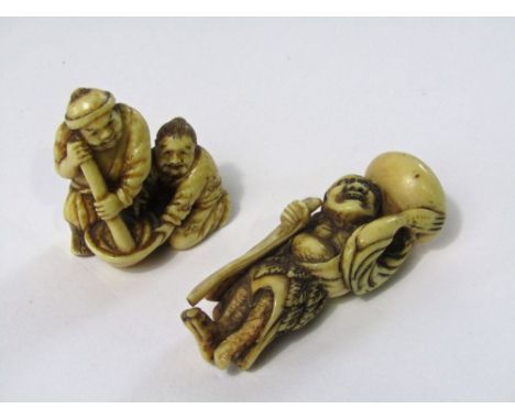 Two 19th century ivory netsuke, a beggar holding a bowl aloft and two characters stirring a bowl