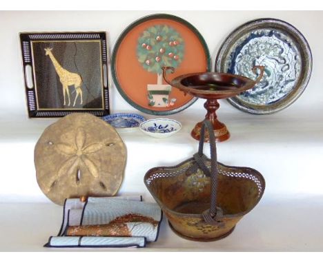 A miscellaneous lot to include a cast metal twin handled tazza with floral relief bands, a mottled glazed Studio Pottery plat