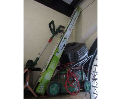A Performance Power 370 electric rotary lawn mower and grass collection box together with  a Florabest cordless pruner FAHE 1