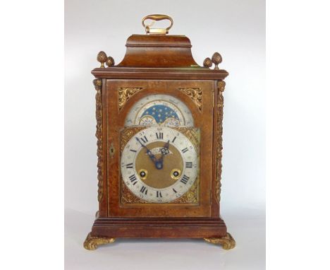 Antique style burr walnut veneered two train bracket clock, the architectural case with ormalu type castings of maiden heads 