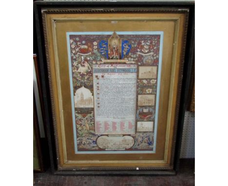 A large ornately painted and gilded illuminated presentation style panel presented to Abel Heywood, from the city of Manchest