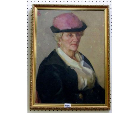 A 20th century oil painting on board, waist length portrait of a lady in pink and black hat, signed with initials top left FB