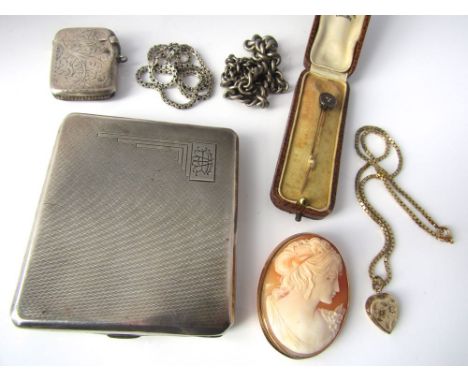 A mixed lot comprising silver cigarette case and vesta, two silver chains, cameo brooch in yellow metal mount, stick pin set 