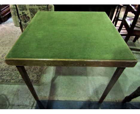 A square cut card table with folding framework and baize lined top