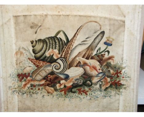 A pair of 19th century paintings on cream velvet panels, one showing a group of shells and coral, the other a group of flower