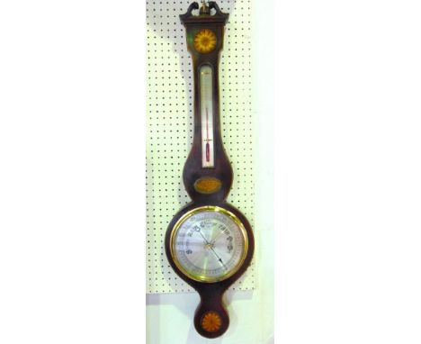 A mahogany and box wood inlaid aneroid barometer thermometer, by D K Murray or Winchester, with silver thermometer back plate
