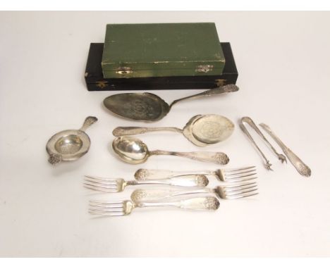 Collection of Norwegian 830 silver flatware including table forks, cake slice, strainer, spoon, etc, all cast with a Tudor Ro