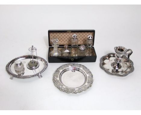 Mixed silver plate and glass lot to include various scent bottles, hat pin stand, Victorian lacquered box with mother of pear