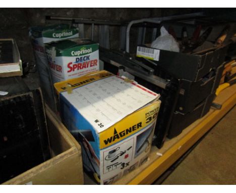 A Wagner power steamer 30, used but in original cardboard packaging, two Cuprinol deck sprayers, a small aluminium folding st
