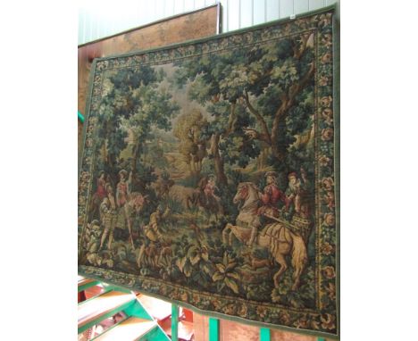 A good quality large machine woven tapestry wall hanging in the 17th century flemish style showing a hunting scene with horse