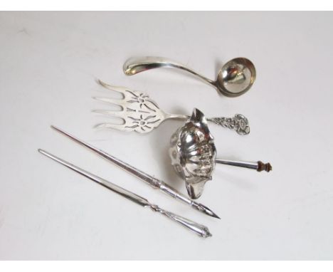 Georgian silver toddy spoon bowl of lobed form (open handle AF) together with a further white metal caddy spoon, white metal 