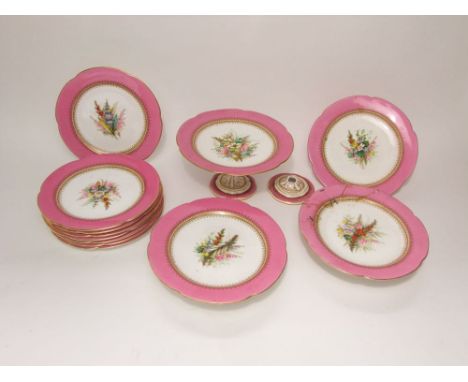 A collection of 19th century Royal Worcester pink bordered dessert wares with painted floral and heather sprays comprising a 