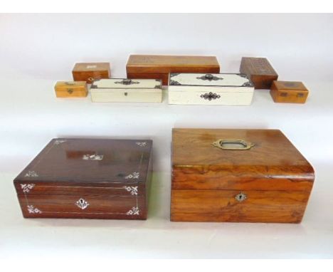 A collection of antique and later wooden boxes to include a rosewood and mother of pearl inlaid box, a 19th century walnut do