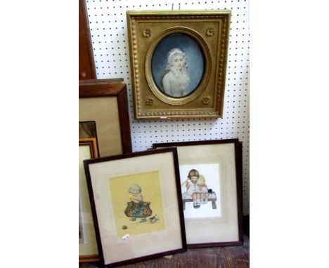 An early 20th century coloured print after J Downman  showing portrait of a woman in 18th century style costume, of oval form