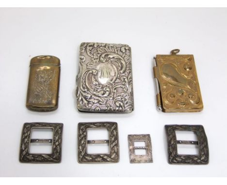 Victorian silver plated card case with embossed detail, Art Nouveau embossed brass note pad, shoe buckles, etc