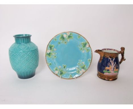 A 19th century Majolica dessert plate, probably by George Jones with relief moulded and painted strawberry leaf and blossom d