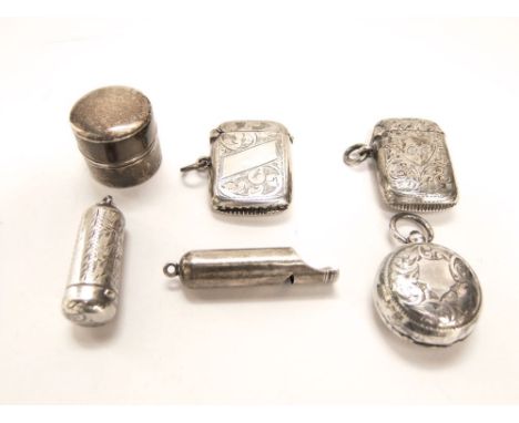 Mixed collection of bijouterie silver to include two vesta cases, a sovereign case, a whistle, trinket box and scent bottle (