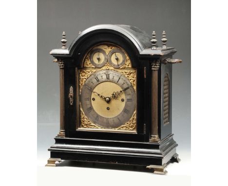 Good antique ebonised three train bracket clock, in architectural arched case fitted with gilt coronation columns, the arched