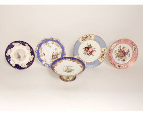 A late 19th century Minton dessert plate with central painted panel of fishing boats within a blue and gilt border, an early 