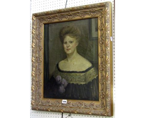 An early 20th century oil painting on canvas, bust length portrait of a woman with upswept hair, with three purple pom poms p