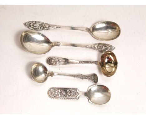 Collection of Norwegian 830 flatware to include pair of serving spoons, each cast with a heron within an Art Nouveau type mot