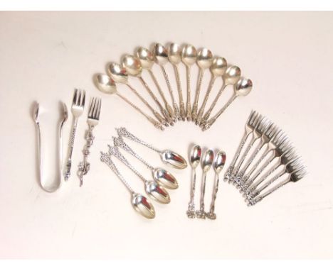 A collection of various continental white metal apostle spoons and forks together with further novelty silver flatware, 12oz 