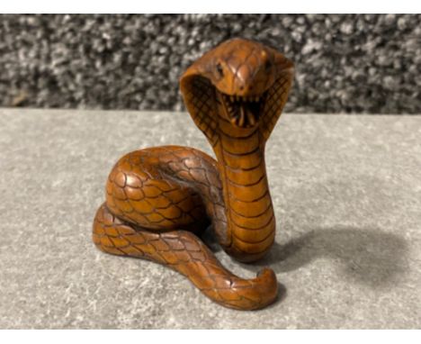 Japanese handmade wood carving Netsuke - King Cobra design (striking position)