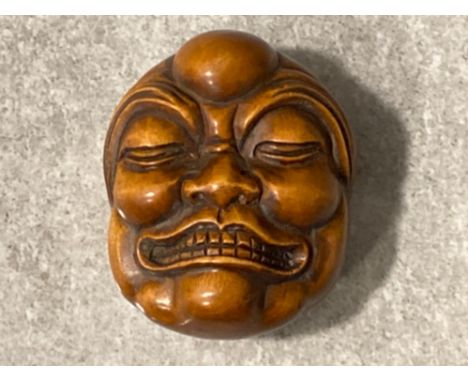 Antique Meiji carved wooden Noh Mask Netsuke, signed