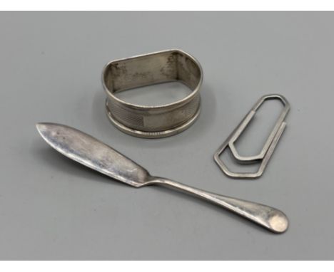 Sterling silver Paperclip along with silver knife and Napkin ring 31.7g