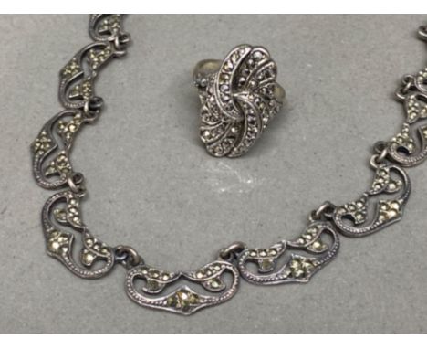 Silver &amp; Marcasite 2 piece set, necklace &amp; dress ring, 18.5G gross