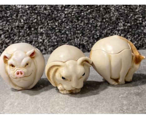 3x Harmony Kingdom crushed marble Roly Poly trinket boxes I’m includes Dom Horse stallion, Curly Pig &amp; Fergie the Rabbit