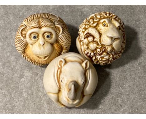 3x Harmony Kingdom crushed marble Roly Poly trinket boxes includes Garcia Lion, Dizzie Monkey &amp; Roseanne the Rhinoceros