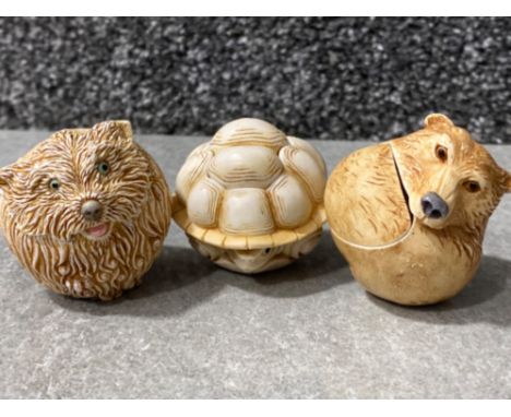 3x Harmony Kingdom Roly Poly trinket boxes includes Brando Dog, Candi Bear &amp; Botero the Tortoise