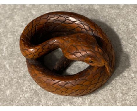 Japanese handmade wood carving Netsuke - King Cobra (coiled position)