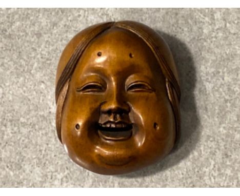 Japanese handmade wood carving Netsuke - laughing lady (head) signed